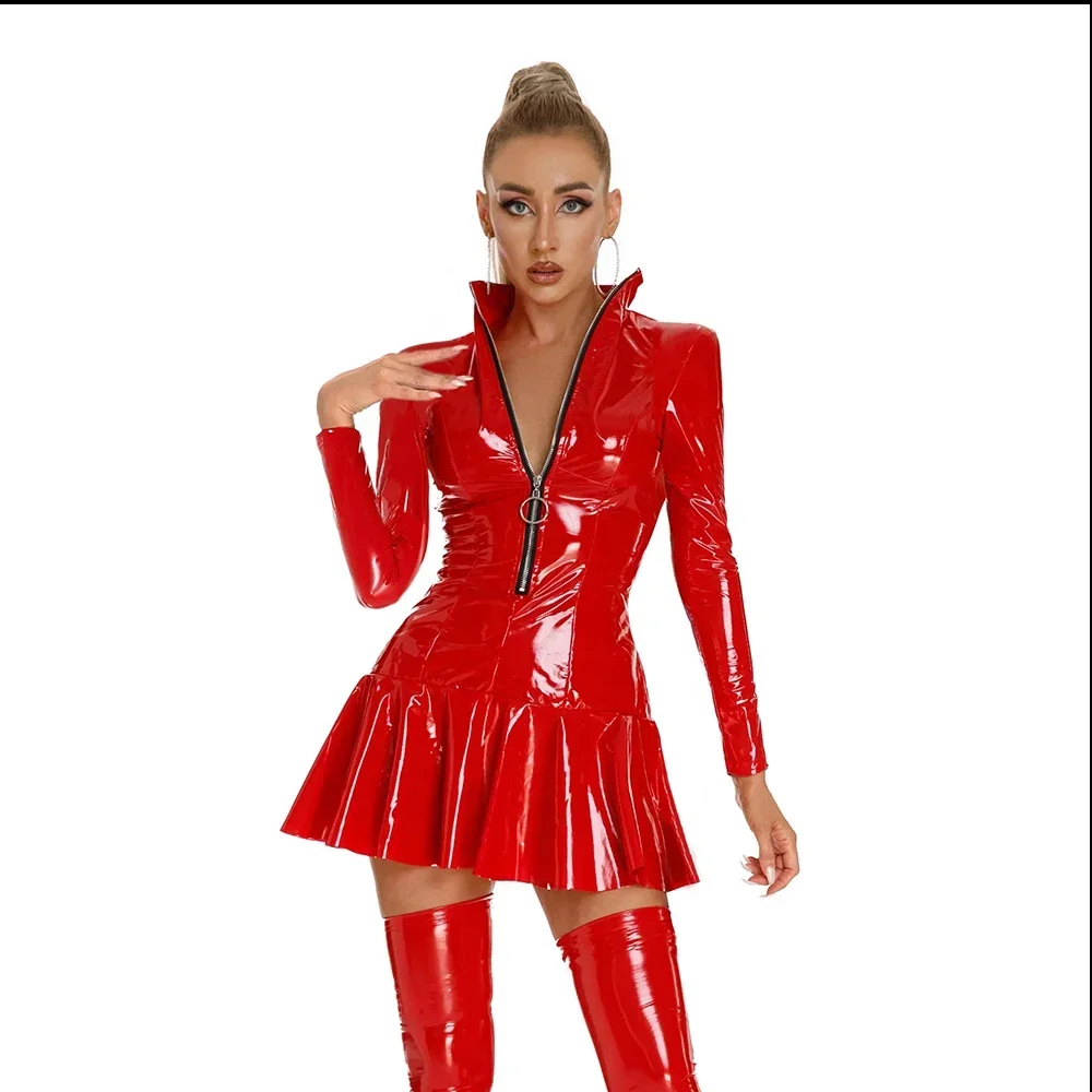 المرأة مثير فو اللاتكس Bodycon فستان السيدات الوقوف طوق سليم فستان PVC سستة بولي Leather الجلود فستان قصير كلوبوير زي