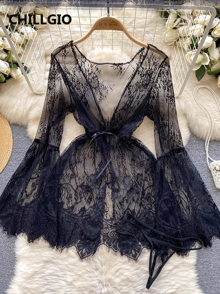 CHILLGIO Women Sexy Floral Lace Transparent Dress Erotic Long Sleeves Nightie Sleepwear Nightgowns Fashion 2 Piece Pajamas Suits