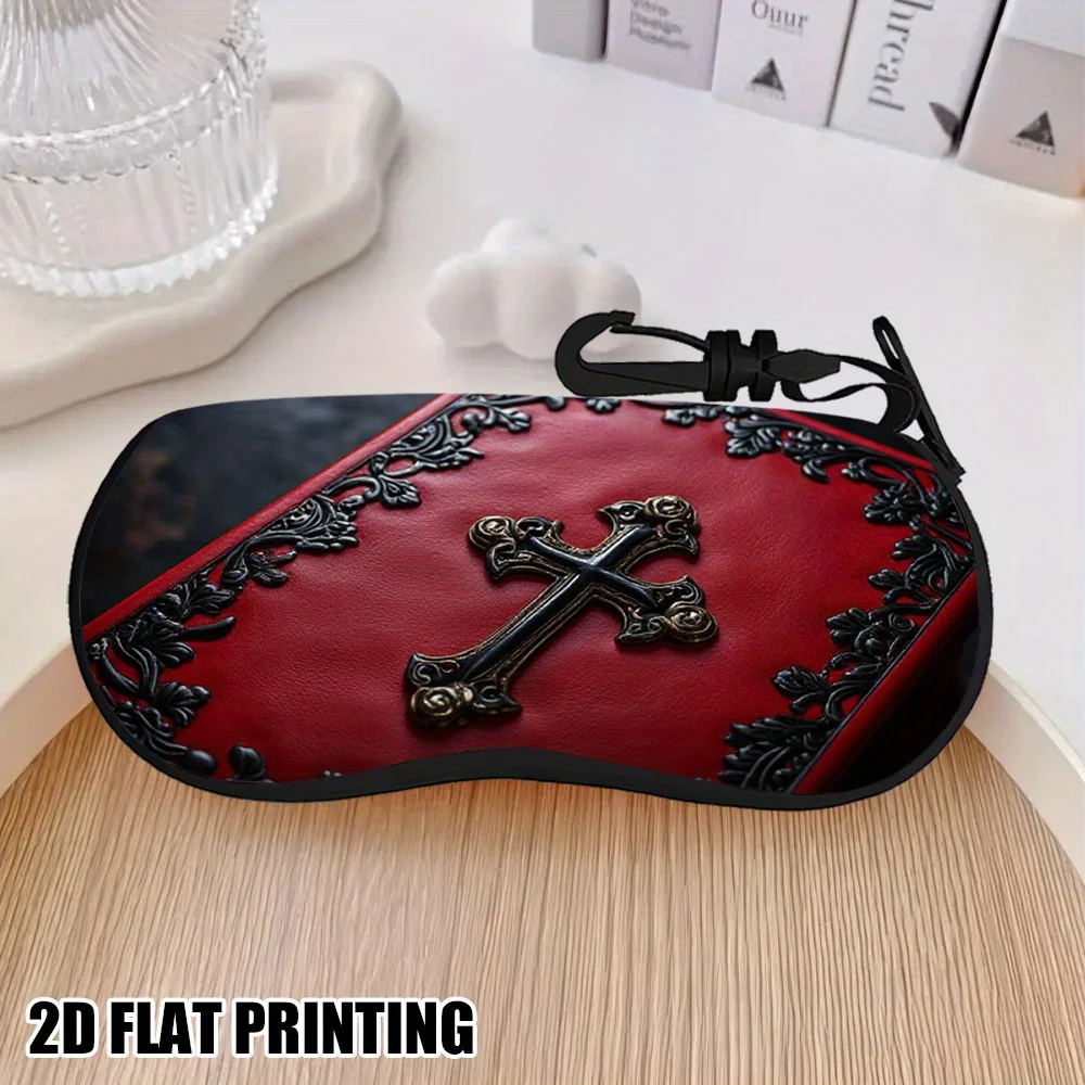 1pc Modern Gothic Cross Print Zippered Glasses Case Compatible for All Eyewear with Keychain Ultra-Light Cover, Wallet