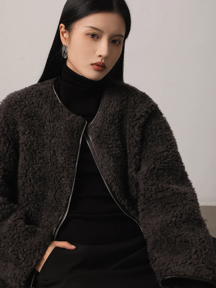 Vimore 00% ウールフロッキーレザーショートコート女性の冬用アウターウェア高級シルエット暖かさ一体型デザイン通勤スタイル