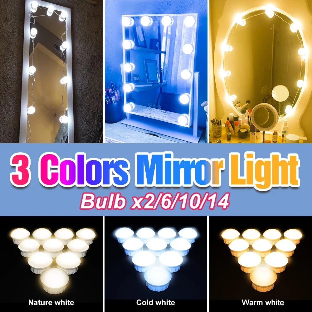 LED Makeup Mirror Light USB Dressing Table Lamp Bathroom Mirrors Decoration Home Bedroom Nightlight 3 Colors Dimmable White/Pink