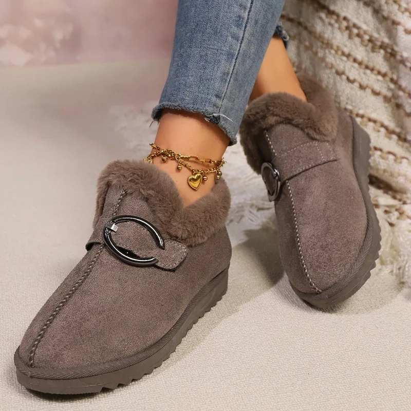 جولة تو المرأة عادية حذاء من الجلد جديد 2025 رقيق حذاء الثلج عالي الرقبة دافئ النساء مشبك أفخم الشتاء الراحة في الهواء الطلق حذاء مسطح النساء