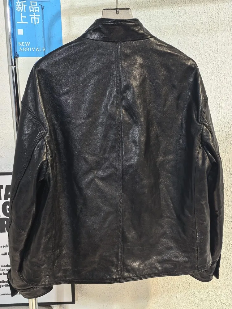 Streetwear Ladies Single Button Comfortable Genuine Leather Long Sleeves Short Jacket Solid Color Sheepskin Loose V-Neck Outwear