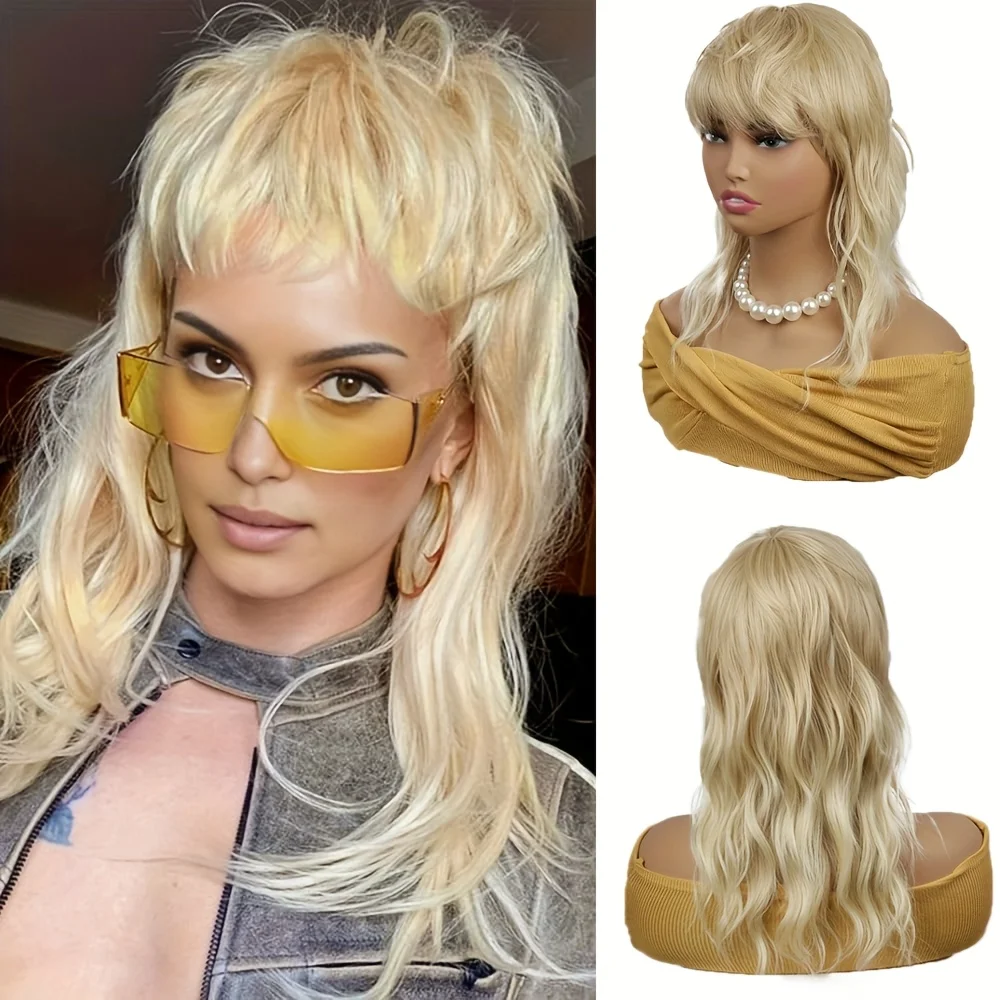 

Длинный волнистый синтетический парик 18 дюймов для женщин, пушистый, полный с тупой челкой, вечерние, повседневного использования, великолепные пушистые синтетические парики машинного производства