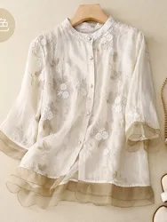 High Quality Embroidery Shirt Women New Arrival 2023 Summer Vintage Style Half High Collar Loose Female Casual Tops Shirts B2811