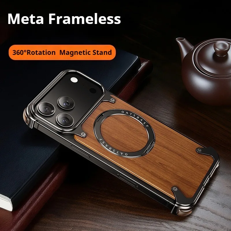 غطاء Eary Natural Wood لهاتف iPhone 17 Pro Max 17 Air بدون إطار مع MagSafe 360 ° غطاء حماية مقاوم للصدمات بحامل هاتف قابل للدوران