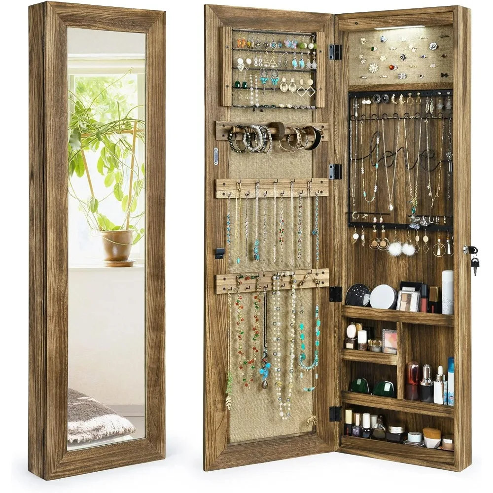 

Jewelry Cabinet, 5 Slant Stud Shelves, 1 Hanging Rods, 22 Necklace and Bracelet Hooks, 54 Ring Slots, 52 Earring Holes, Mirror