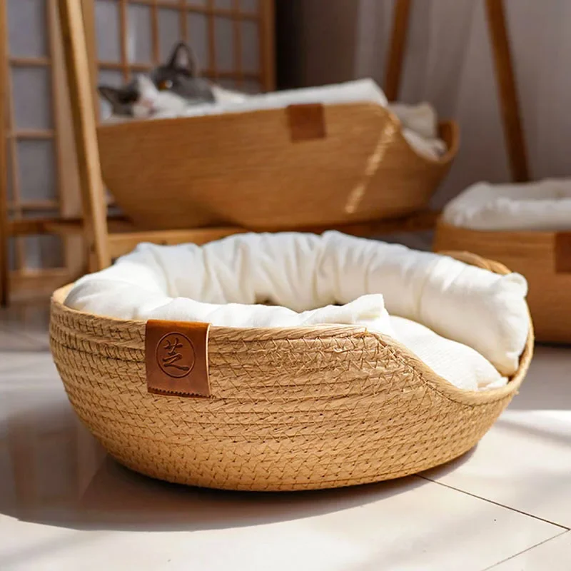 

Bamboo Pet Cat Four Bed Cozy Season Dog Nest Waterproof Sleeping Sofa Baskets Mat Handmade Weaving Cushion Removable House