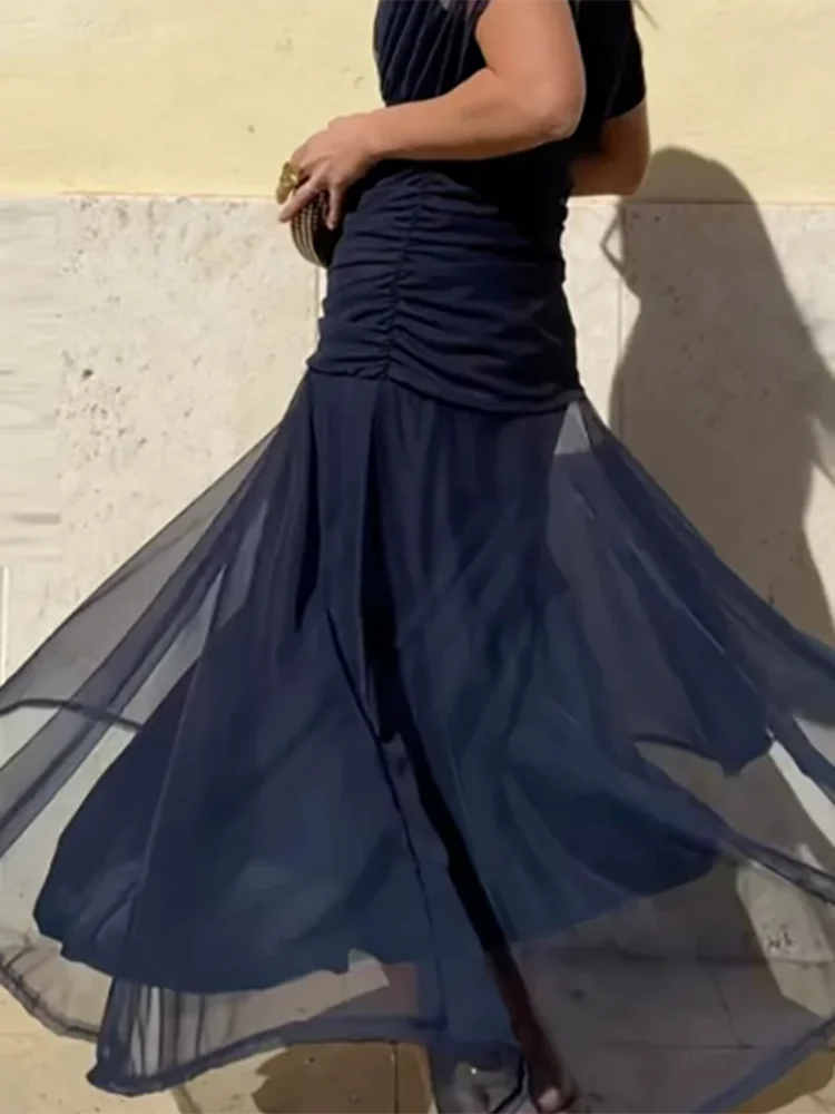 Casual Shawl Sleeve High Waist Pleated Dress Summer New Women Mesh Banquet Dresses Sexy V-neck Off Shoulder Floral Printed Dress