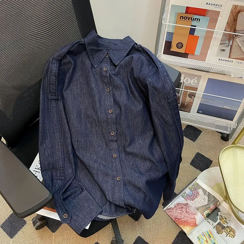 

Retro Hong Kong Style Women's Denim Shirt Autumn New Fashion Casual Long Sleeve Top Versatile Layering Outerwear