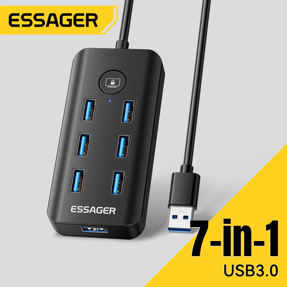 Essager  7 in 1 USB Hub USB 3.0 Extender Power Adapter 5Gbps High Speed Expander USB Splitter Multiple Extender for PC Laptop