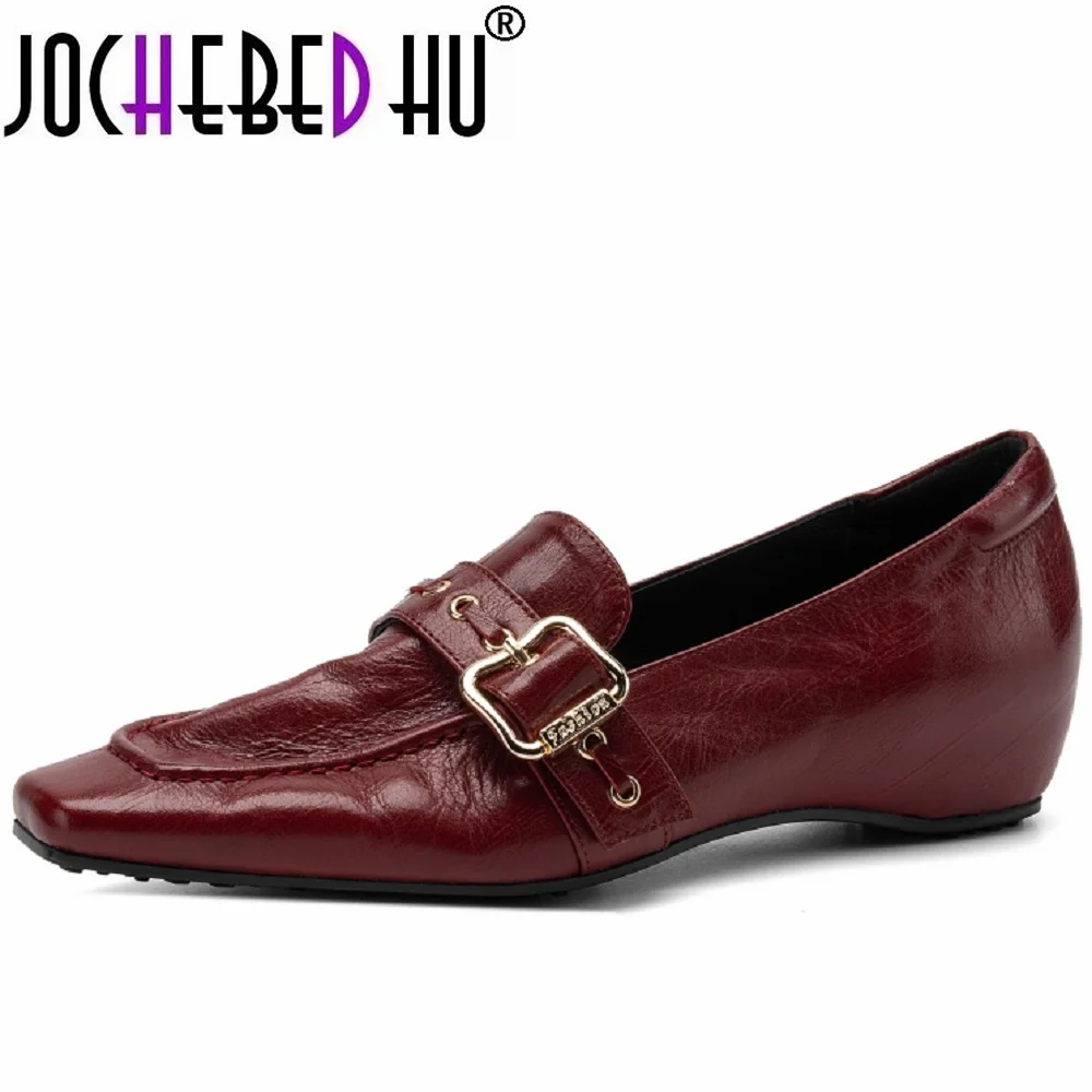 JOCHEBED HUWomen Handmade Genuine Leather Soft and comfortable Oxford Square Toe Mid Heel  Modern Ladies Shoes 34-40