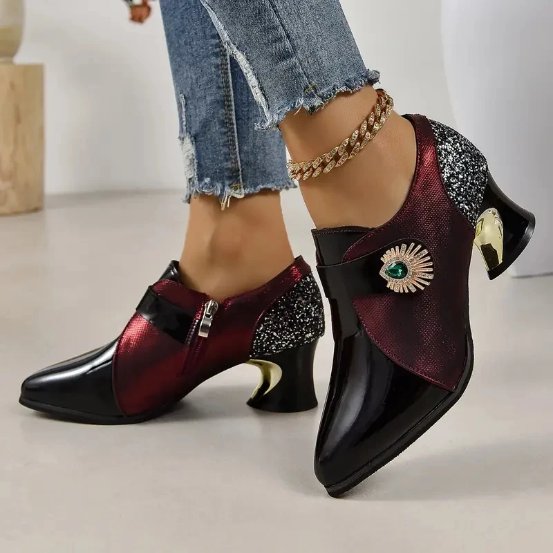 New Women's Elegant Pumps High Heels Dress Shoes Pointed Toe Flowers Pearl Boat Shoes Slip on Office Work Zapatos mujer 2024