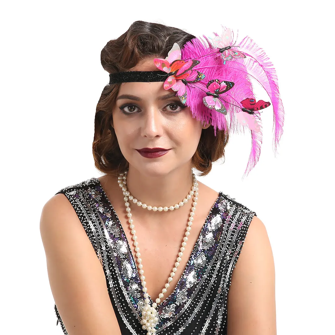 

Peacock Feather Elastic Hair Band with Butterfly, 1920s Flapper Gatsby Feather Headband, 20s Beaded Showgirl Headpiece