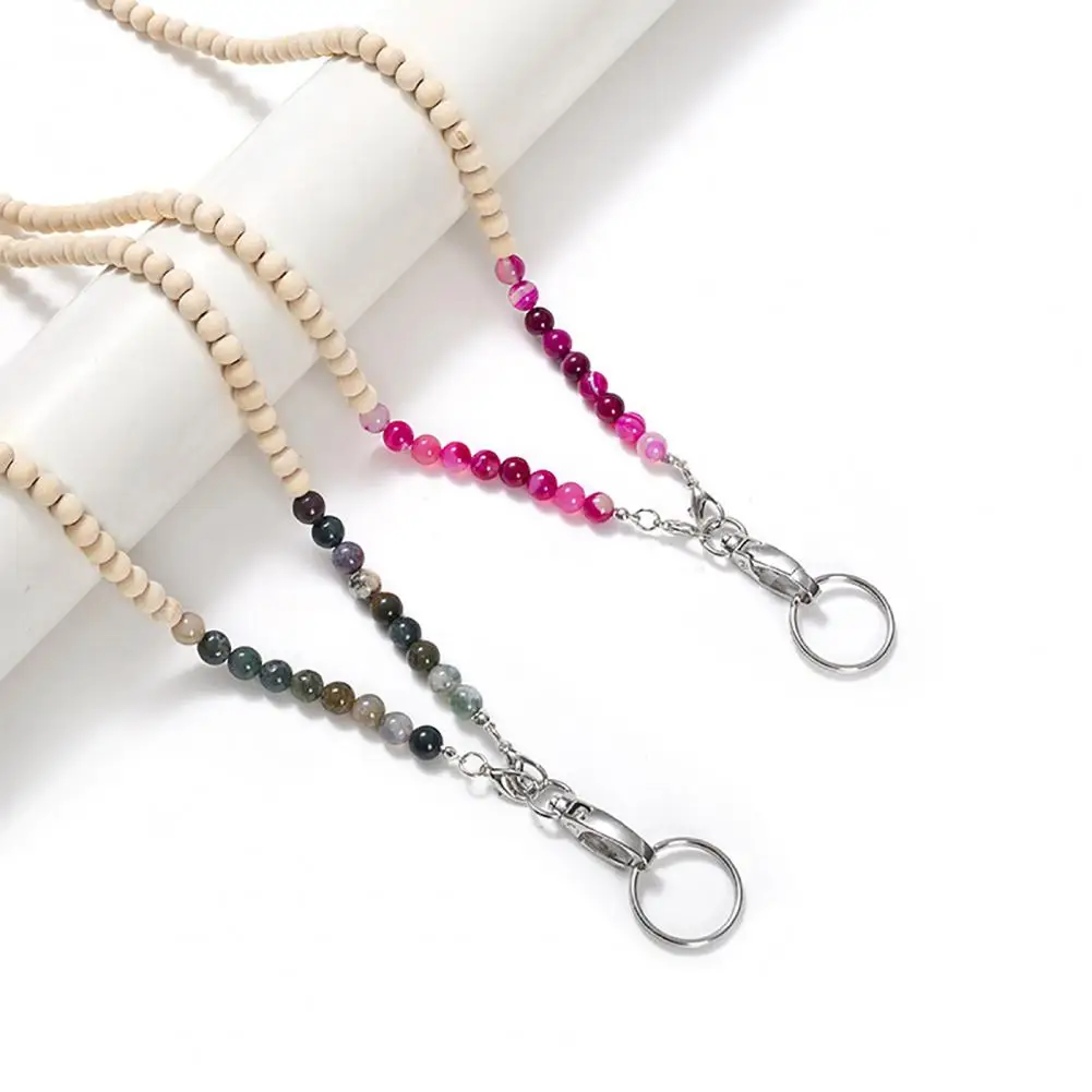 82cm Stylish Beaded Lanyard ID Badge Holder With Lobster Clasp Keyring Natural Wood Beads Work Card Lanyard Cute For ID Badges