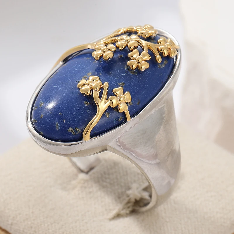 Vintage-Ring für Damen mit eingelegtem blauen Stein, ethnische Silberfarbe, handgeschnitzte Blume, für den täglichen Gebrauch, Party-Schmuck, Jahrestagsgeschenk – Detail 1