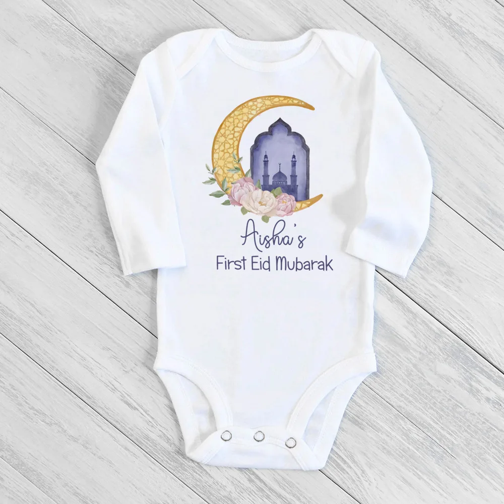 Personalised Eid Ramadan Baby Bodysuit Custom Name Infant Long Sleeve Romper Eid Newborn Clothes Islamic Muslim Holiday Outfit