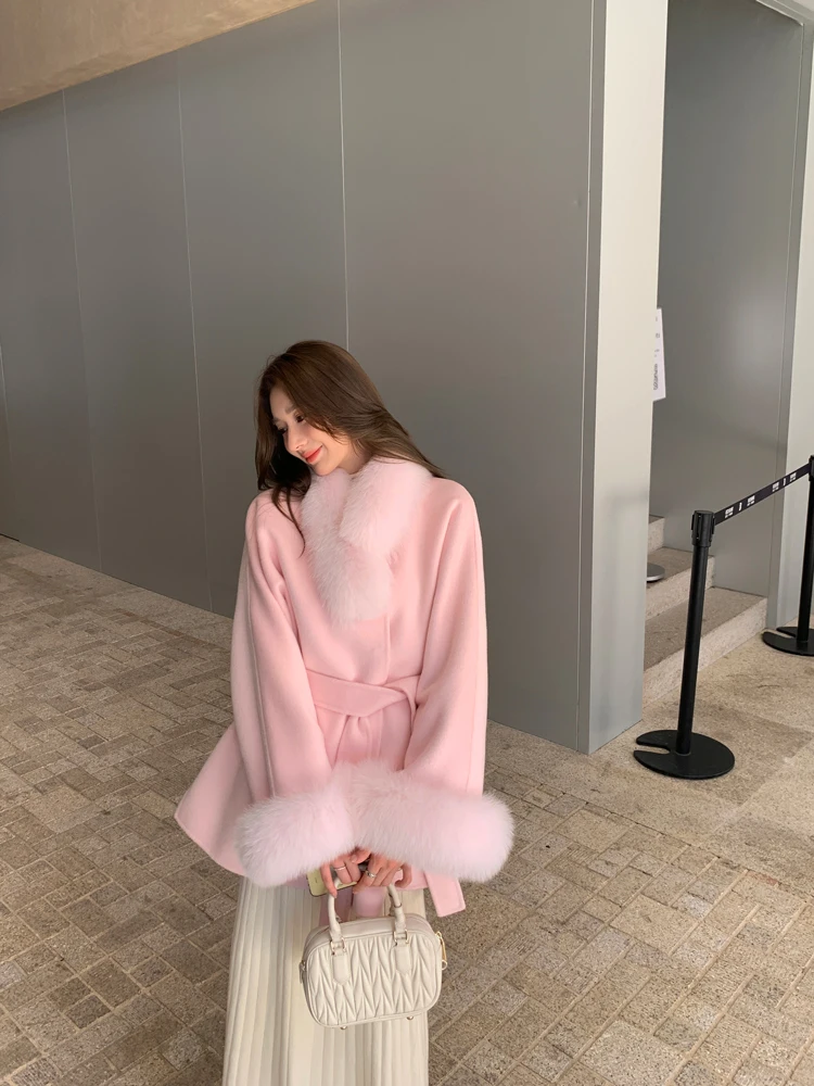

Winter Women's Double-Sided Camere Coat Fur Scarf Cowl Ne Mid-Length Woolen Jaet Sweet Sle Long Sve round Ne