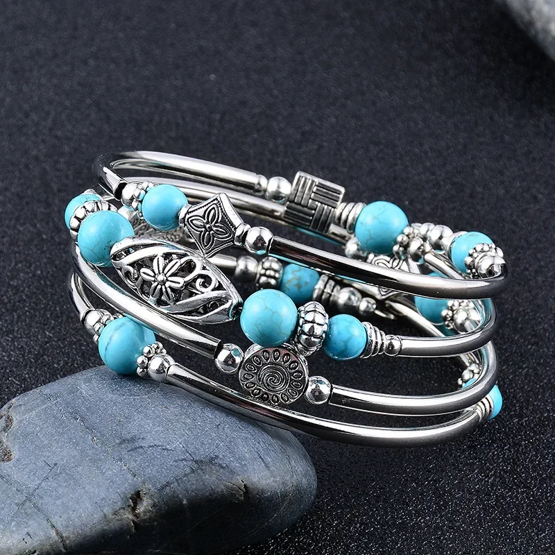 2023 New Natural Turquoise/Tigereye Winding Bracelet Multi-Circle Layered Natural Stone Beaded Bracelets for Women Girls Jewelry