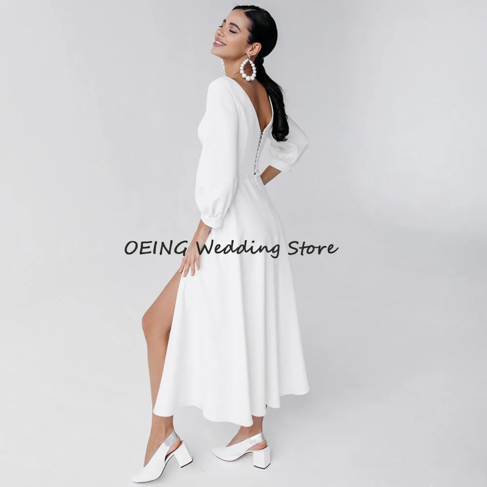 Modern Bridal Dress Tea Length V Neck Thigh Slit Short Wedding Dress A Line Ruched 3/4 Sleeves Backless Midi Sexy Wedding Gown