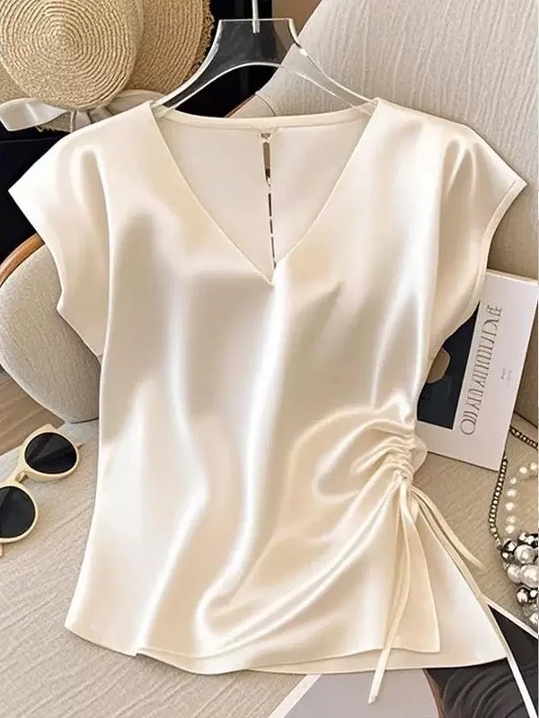 Oule V-Neck Short Sleeve Shirt Summer Light Brown Gathered Top Versatile Elegant Women's T-Shirt French Style Commute Wear Po...