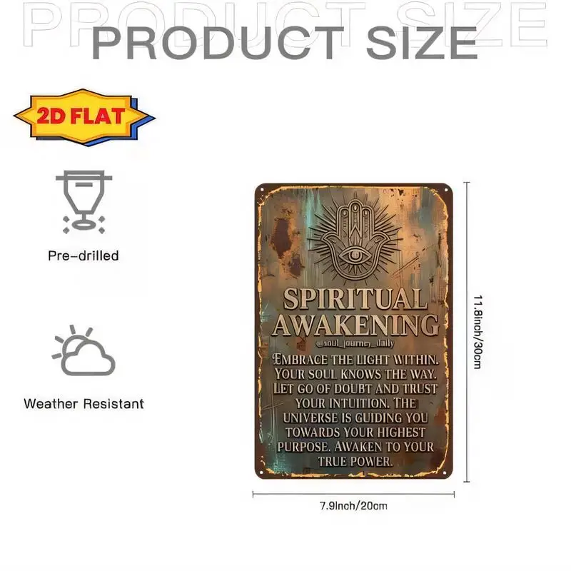 2D Flat Pre - drilled Weather Resistant Vintage Spiritual Awakening Metal Tin Sign - 7.9x11.8in Retro Hamsa Hand & Eye Design, f