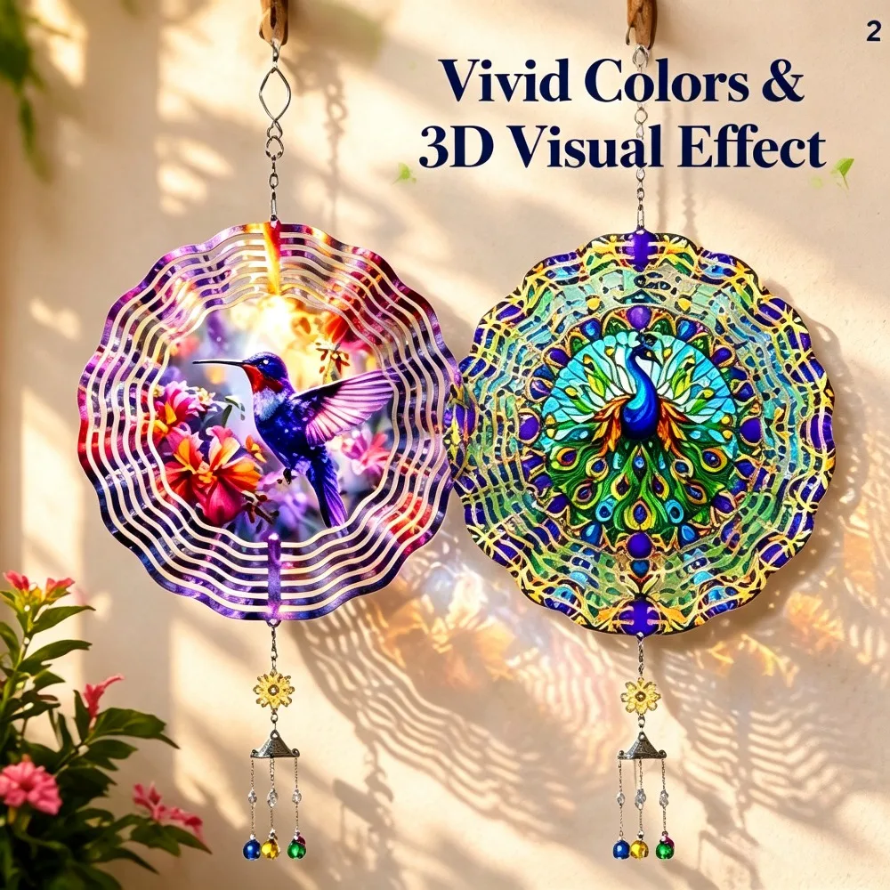 Rustproof Waterproof Stainless Steel Wind Spinner 2 Pack Hummingbird Peacock Rotating Ornament Long Lasting Garden Decor