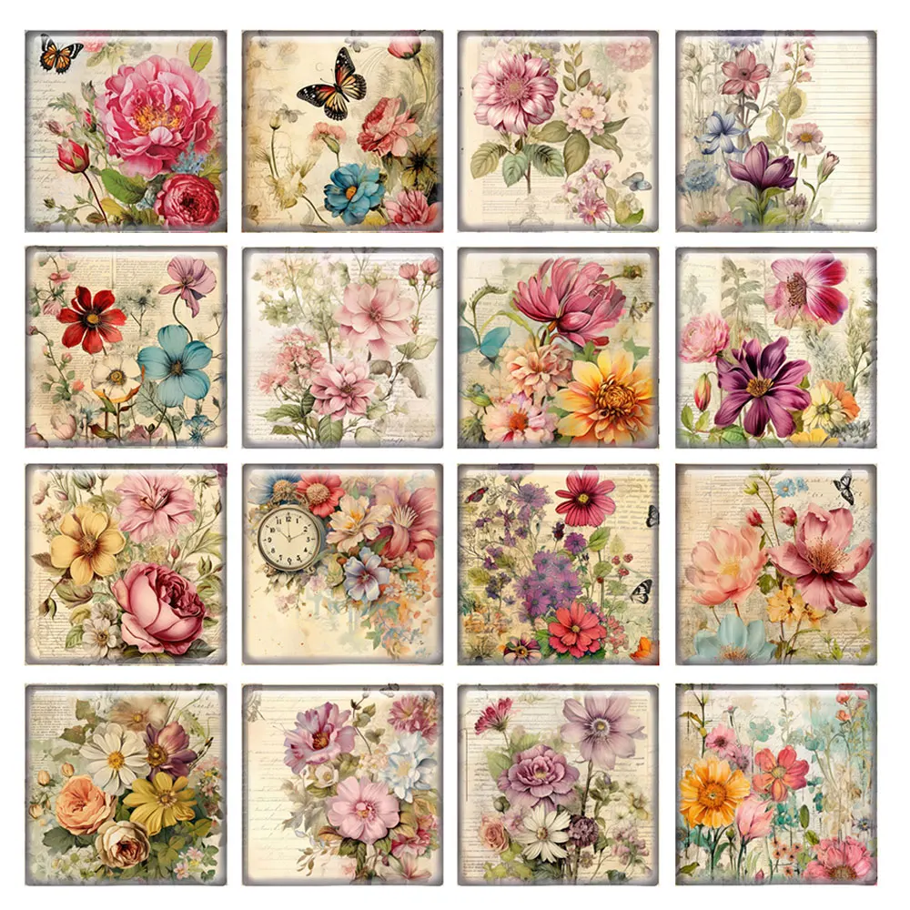 

Random Mixed Round/Oval/Square Retro Flower Butterflies Photo Glass Cabochon Flatback Demo Cameo For Diy Jewelry Making Handmade