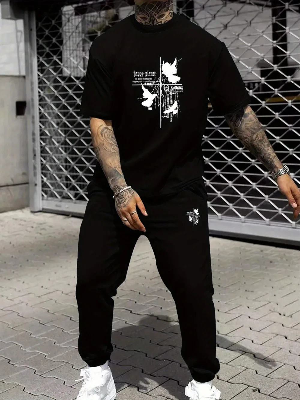 

New Men's Summer Fashion Bird Letter Printed Comfortable Breathable Round Neck T-shirt Pants Set Outdoor Urban Casual Clothing