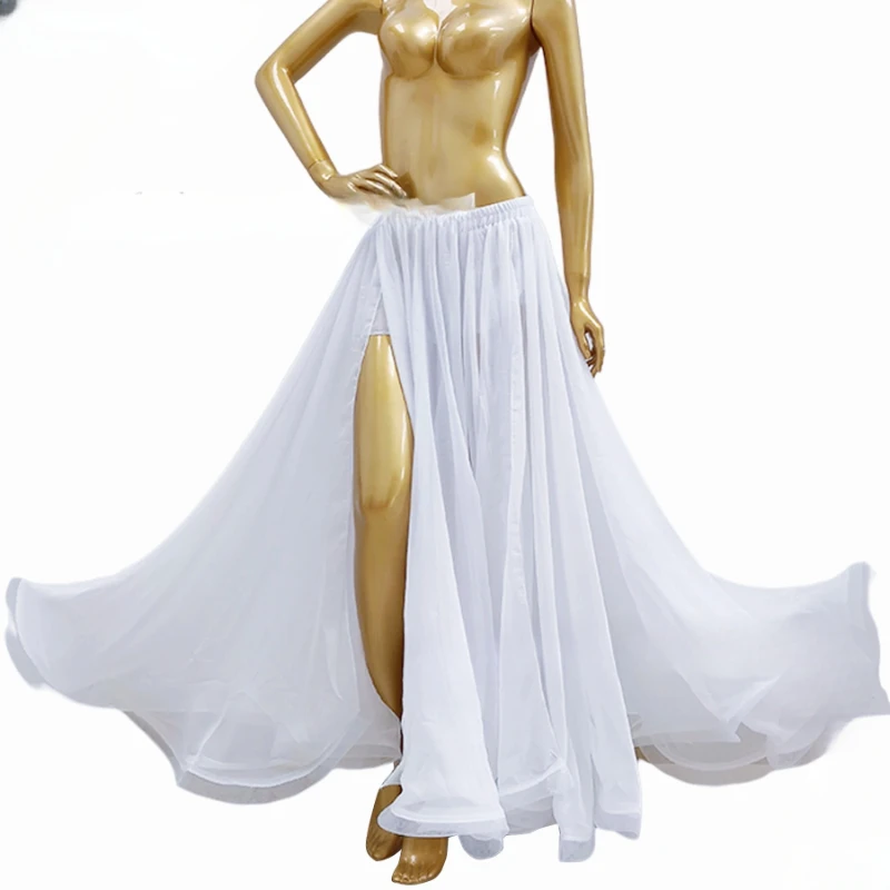 Nowe spódnice do tańca brzucha 2025, seksowne orientalne spódnice do tańca brzucha, długa spódnica z rozcięciem z obu stron, kostium dla dziewcząt, strój do występów lub treningu.