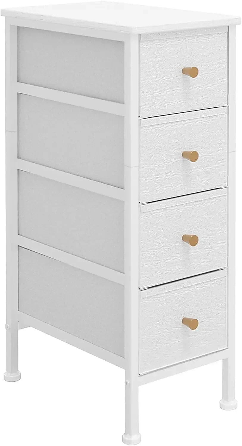 Dresser with 4 Drawers, Slim Drawer Storage Tower for Small Spaces, Slim Fabric Dresser with Leather Front & Wood Top, Wh