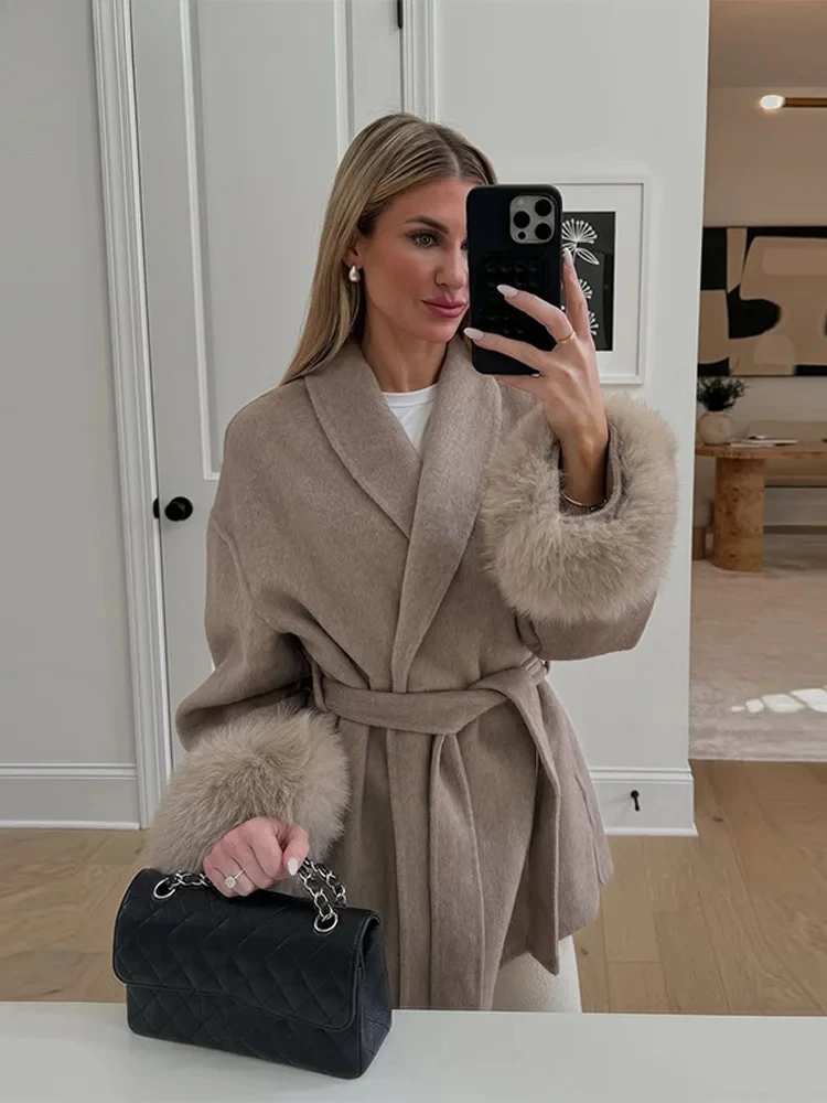

Women Coat with Faux Fur Cuff Belted Wrap Outerwear Long Sleeve Jacket 2025 Autumn/Winter New in Ladies Casual Streetwear