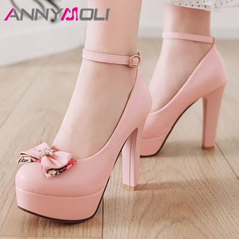 

ANNYMOLI Women Pu Leather Pumps Platform Super High Hoof Heels Round Toe Ankle Strap Bow Buckle Sweet Party Spring Autumn Shoes