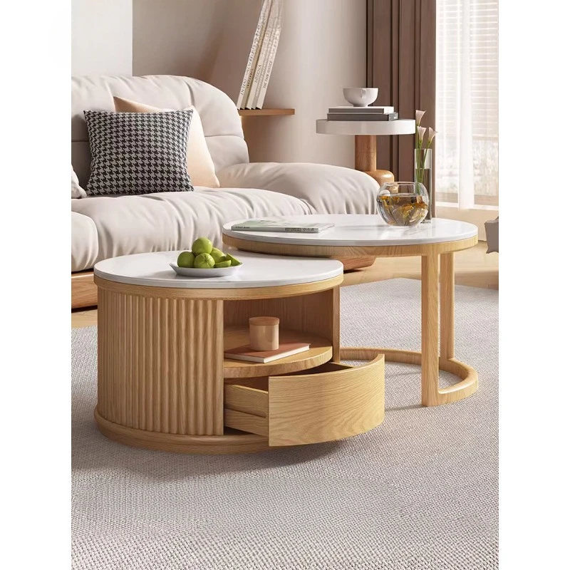 Solid wood foldable size round coffee table, living room storage, expandable bedside table, modern and minimalist