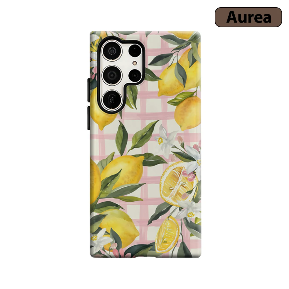 Pink Gingham Lemon & Floral Phone Case for Samsung Galaxy S25 Ultra S24 S23 Ultra Plus Shockproof Double Layer Tough Back Cover