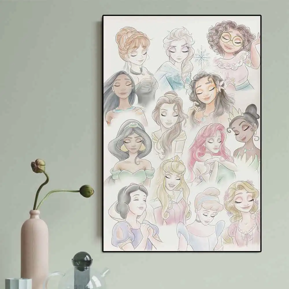 Disney Cartoon Princesses Watercolor Poster Print Nursery Wall Art Cinderella Elsa Comic Canvas Painting Princess Room Decor