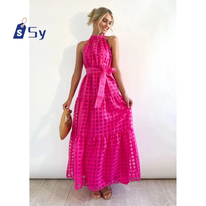 Sy 2024 Frauen lässig Mode Strand hohl langes Kleid elegante weibliche ärmellose Kleid Mesh Ausschnitt Kleid Abendkleid