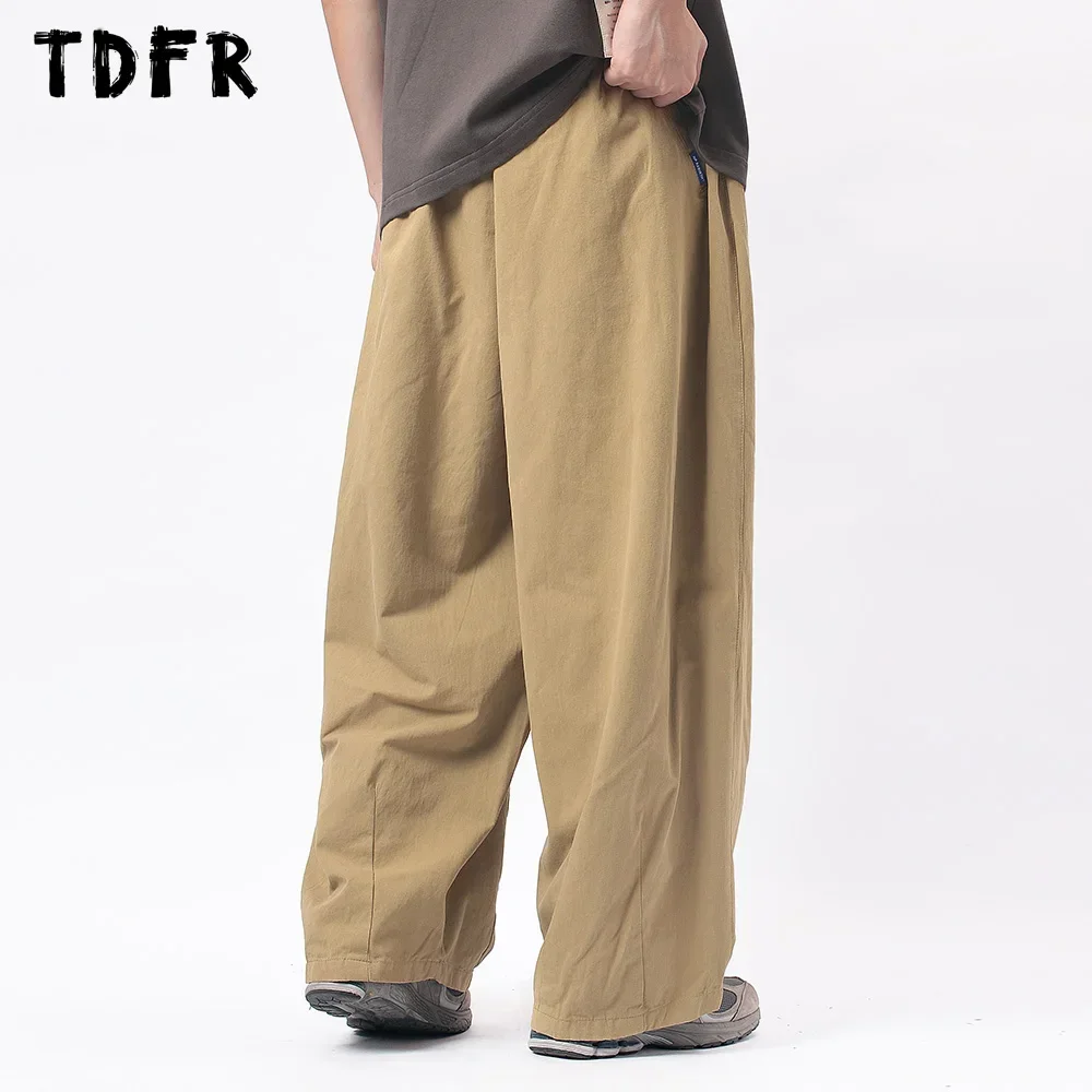 Solid Color Cargo Pants Mens Amekaji Safari Style Elastic Waist Loose Wide leg Trousers Men