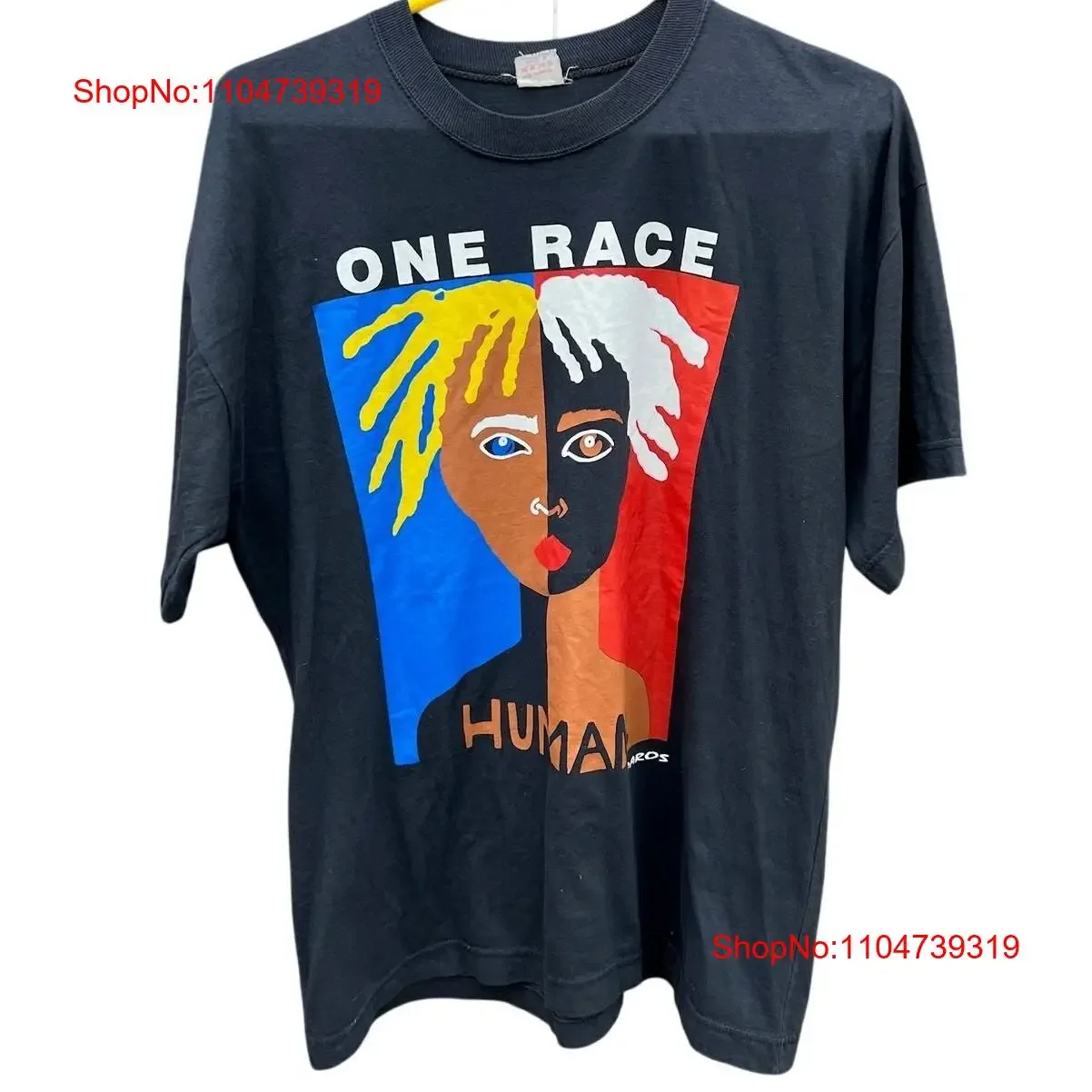 Vintage 90s One Race Human Paros camiseta negra tamaño grande vintage lavado elegante versátil homme ropa de calle informal