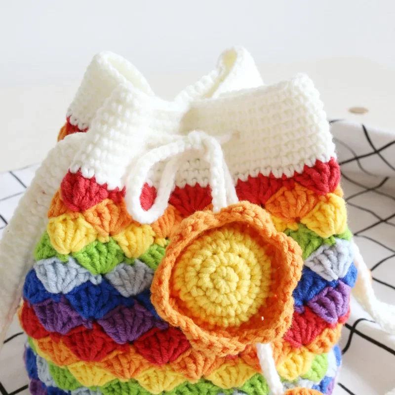 Female Handmade Crochet Cute Vintage Small Size Cute Bucket Handbag Teenager Girl Yarn Floral Rainbow Retro Sling Shoulder Bag