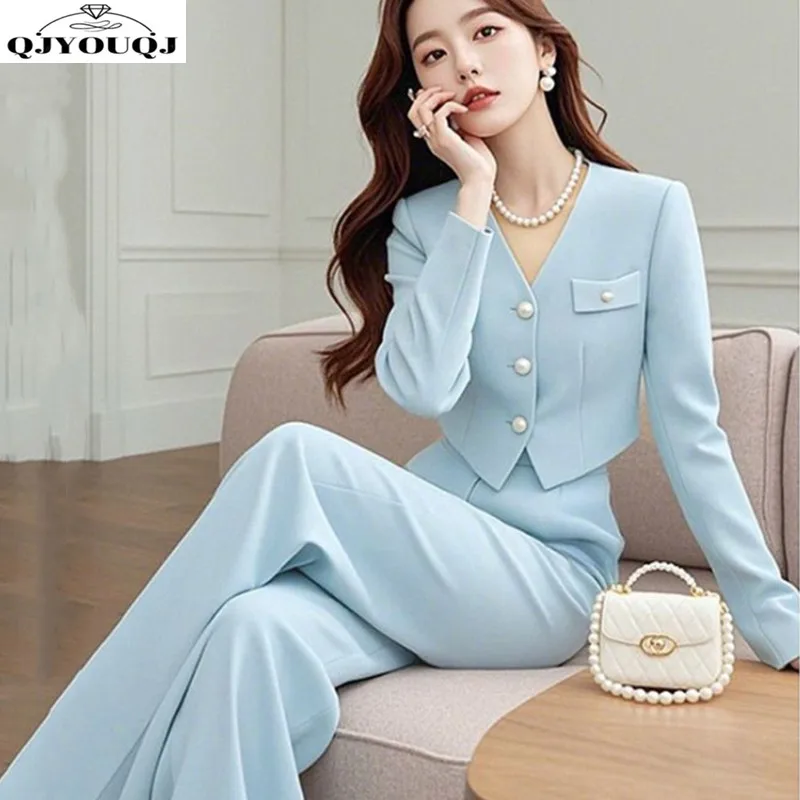 

Autumn new women's suit light luxury high-end women's style blue short jacket+wide leg pants two-piece set