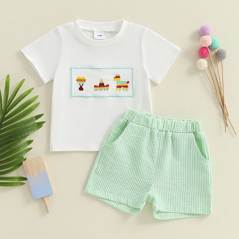 

Toddler Boy Summer Outfit Animal Embroidery Short Sleeve Round Neck T-Shirt + Stripe Shorts 2Pcs Set