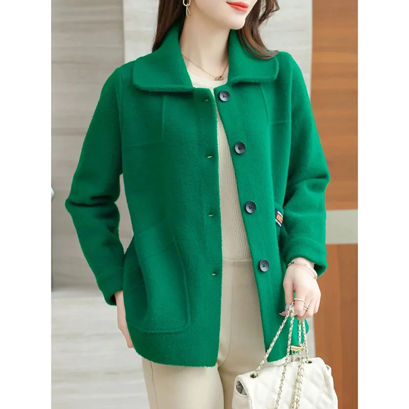 

2024New Spring Autumn Short Wool Jacket Women Korean Loose Double-sided Woolen Coat Middle Aged Elderly Mother Cardigan Overcoat