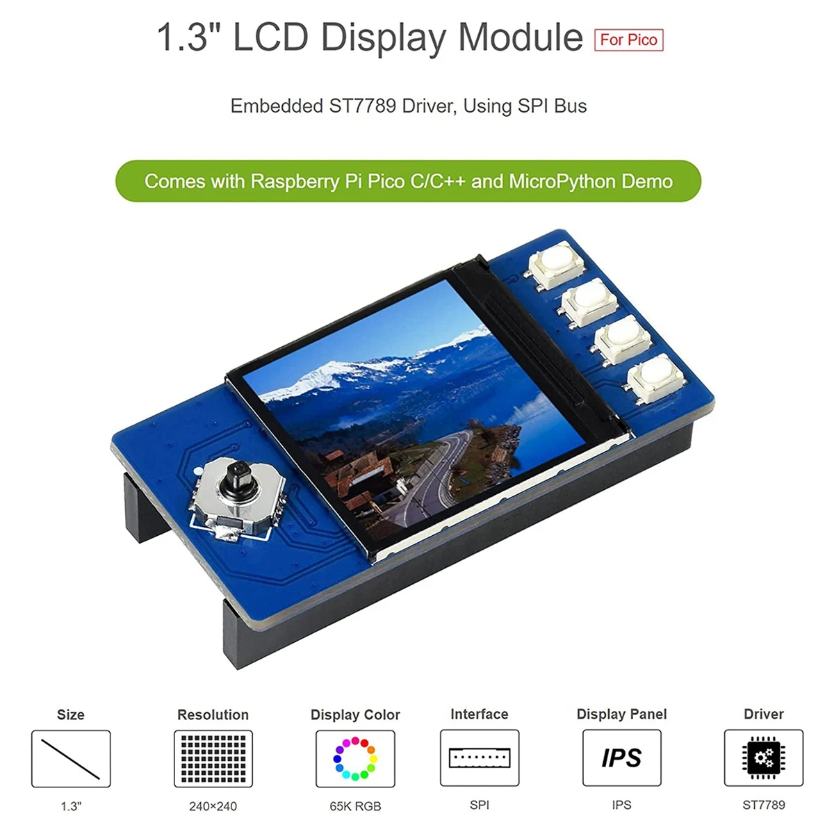 POSV-Waveshare 1.3 Inch LCD Display for Raspberry Pi Pico, IPS Screen Display Module, 65K RGB Colors, 240X240 Pixels