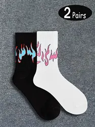 2 pairs of fire socks Four seasons men's mid-tube hip hop personality socks