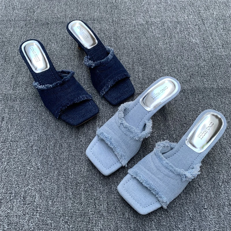 

Summer New Square Head Thi Heel High Heels Women's Outdoor Faionable Jeans Toel Slippers Trendy Tassel Detail Rubber Sole