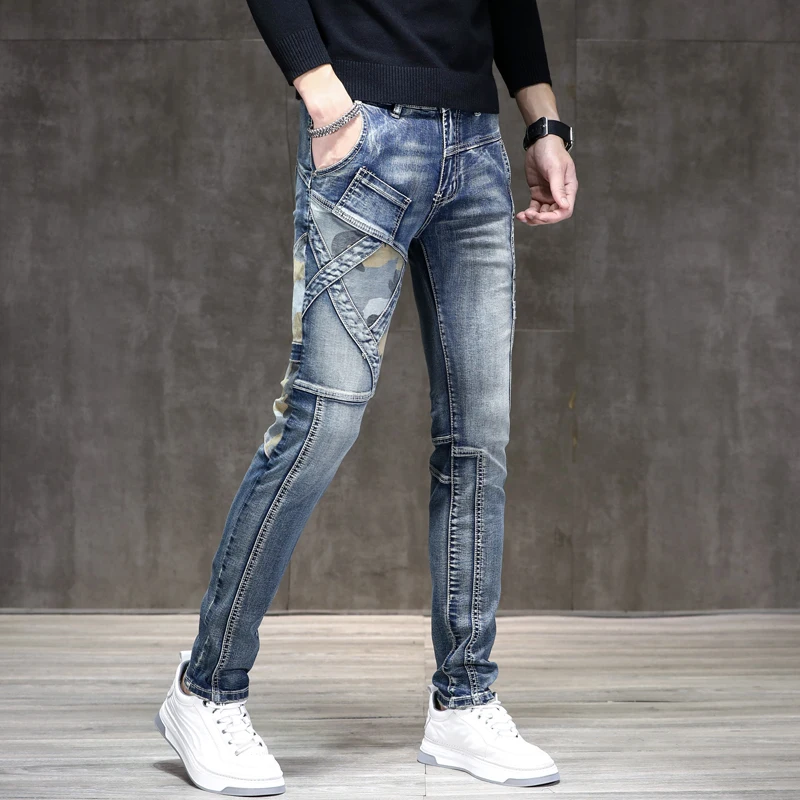 2024spring stitching jeans men's casual all-matching slim fit stretch skinny personality Street retro biker's pants