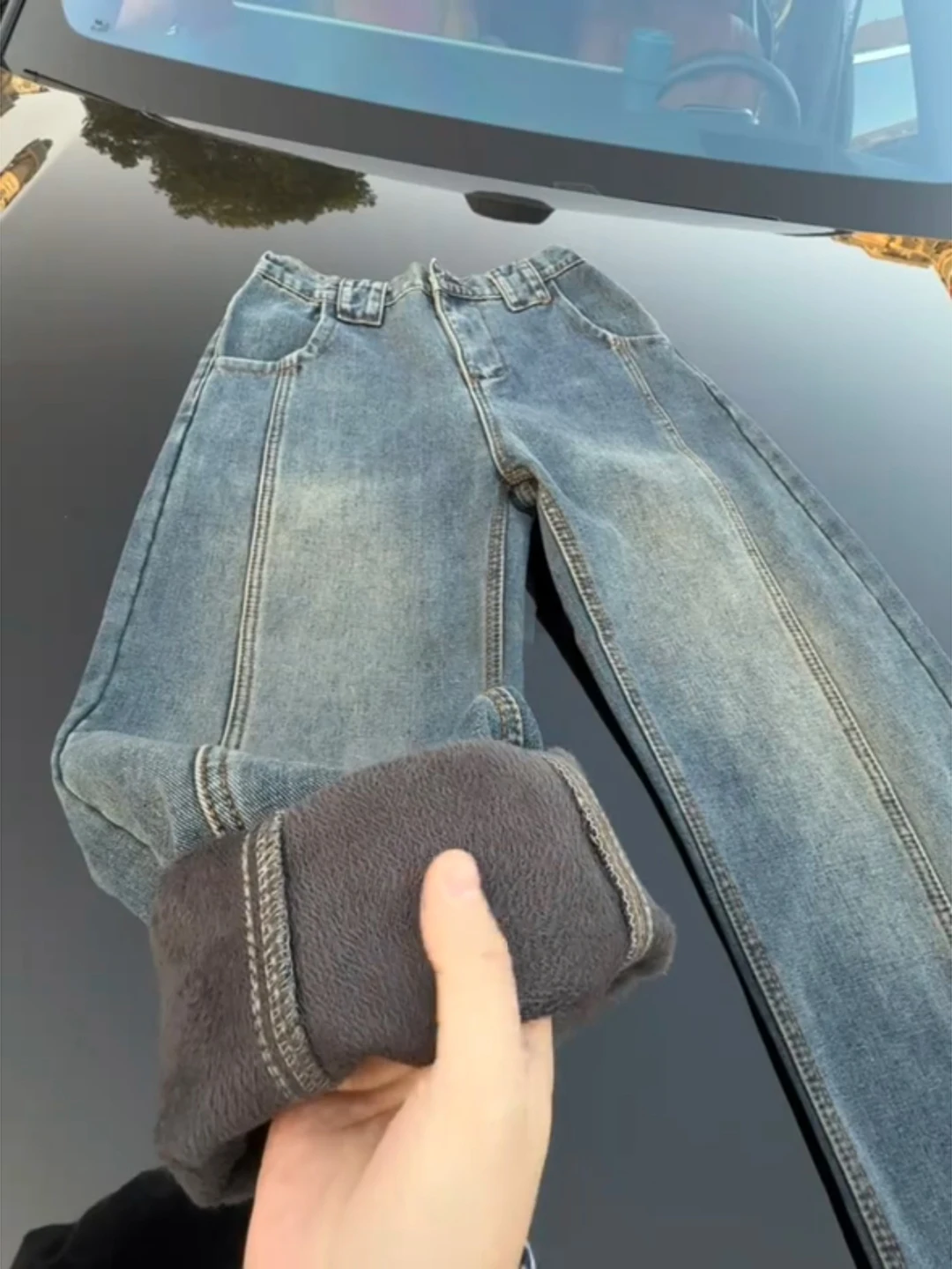 

Мужские зимние джинсы American Sle Fce с подкладкой, широкие брюки с косым кроем, рабочие штаны Cleanfit Knife