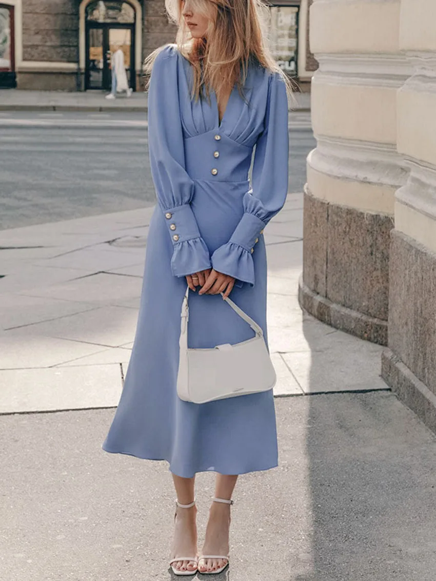 

Parc Fee Fashion Loose Blue Women's Dress 2025 Casual V-Neck Long Sleeve Ankle Length Dresses Elegant Classic Solid Female Dress