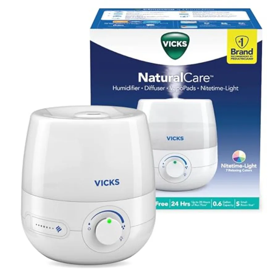 

NaturalCare Cool Mist Ultrasonic Humidifier Small Room Humidifier for Bedroom Diffuser with Nighttime Light Works with VapoPads